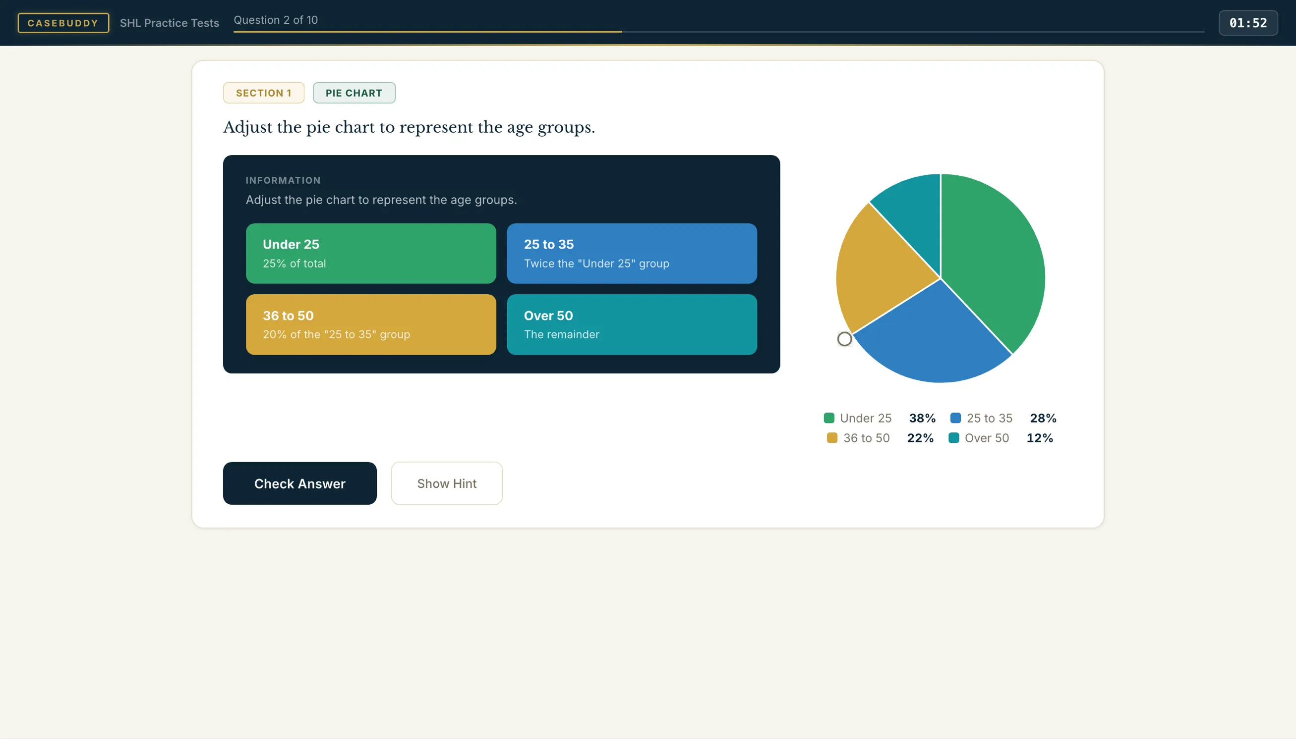 CaseBuddy online assessment practice question with an interactive pie chart